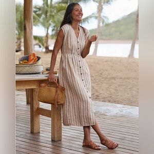 Garnet Hill Linen Striped Button Front Midi Dress Size 8